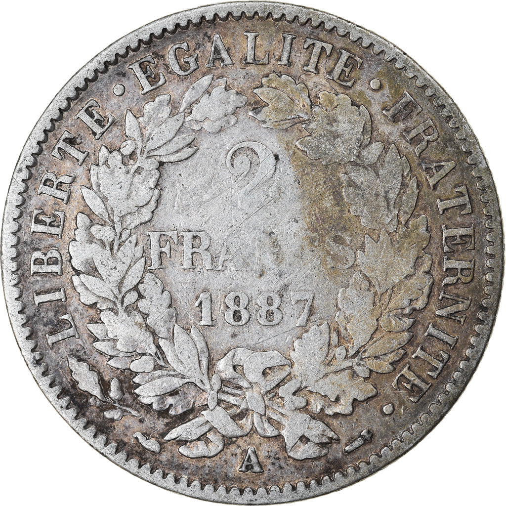 Moeda, França, Cérès, 2 Francs, 1887, Paris, VF(20-25), Prata, KM:817.1