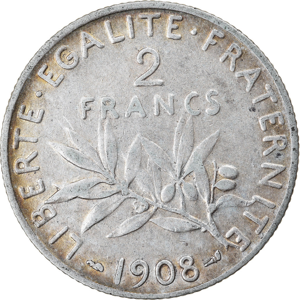 Munten, Frankrijk, Semeuse, 2 Francs, 1908, Paris, ZF, Zilver, KM:845.1