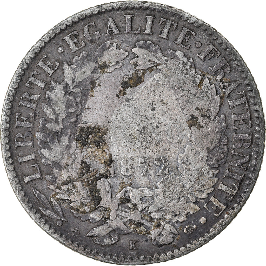 Coin, France, Cérès, Franc, 1872, Bordeaux, VF(20-25), Silver, KM:822.2