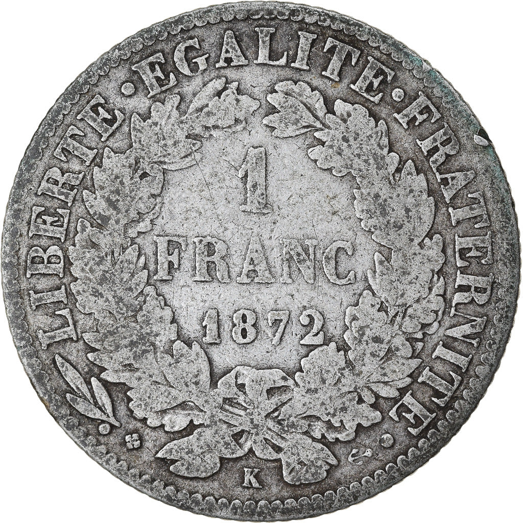 Moneta, Francia, Cérès, Franc, 1872, Bordeaux, MB, Argento, KM:822.2