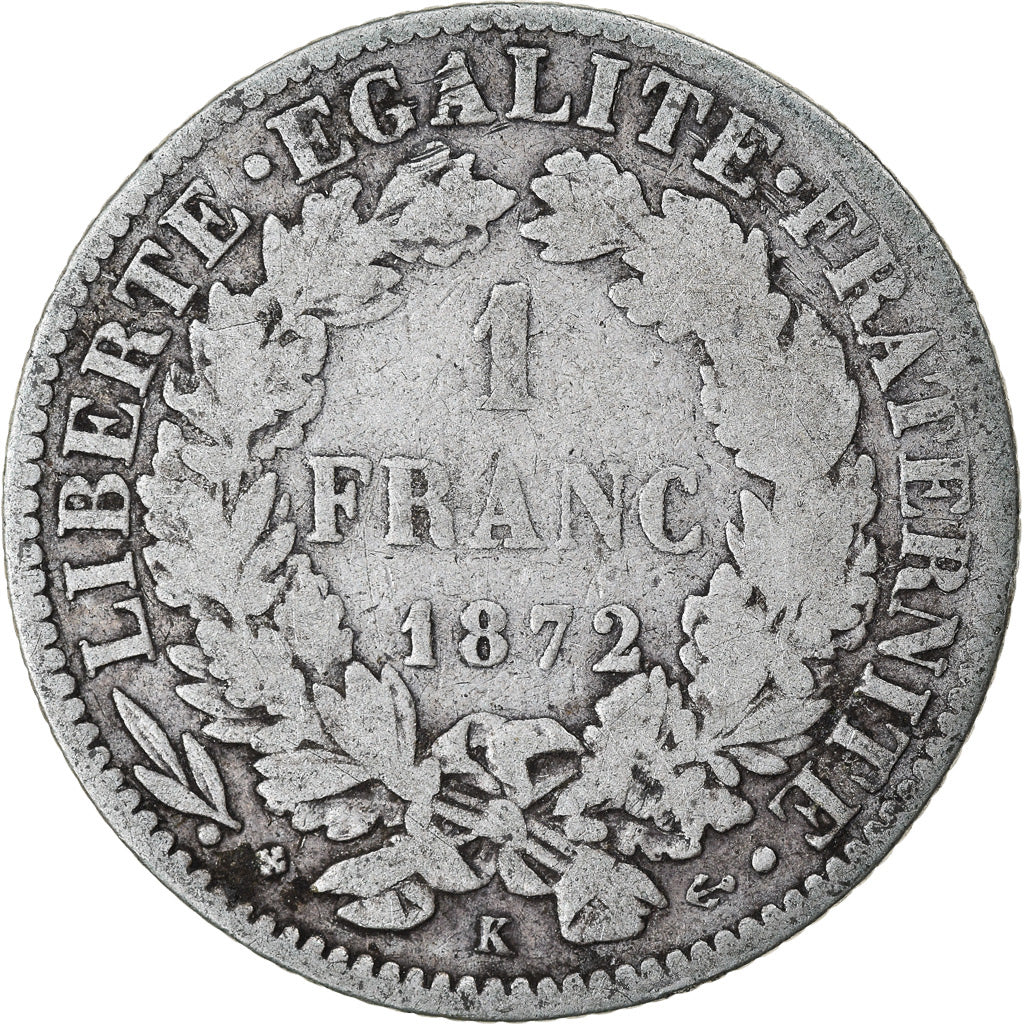 Coin, France, Cérès, Franc, 1872, Bordeaux, VF(20-25), Silver, KM:822.2