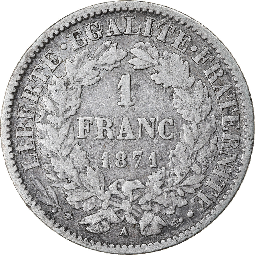 Coin, France, Cérès, Franc, 1871, Paris, VF(20-25), Silver, KM:822.1
