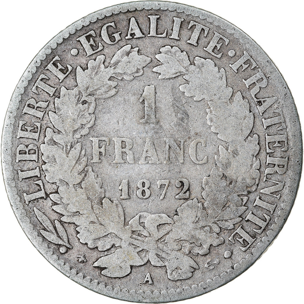 Coin, France, Cérès, Franc, 1872, Paris, VF(20-25), Silver, KM:822.1