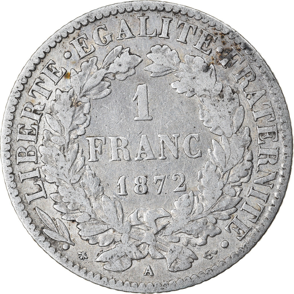Coin, France, Cérès, Franc, 1872, Paris, VF(30-35), Silver, KM:822.1