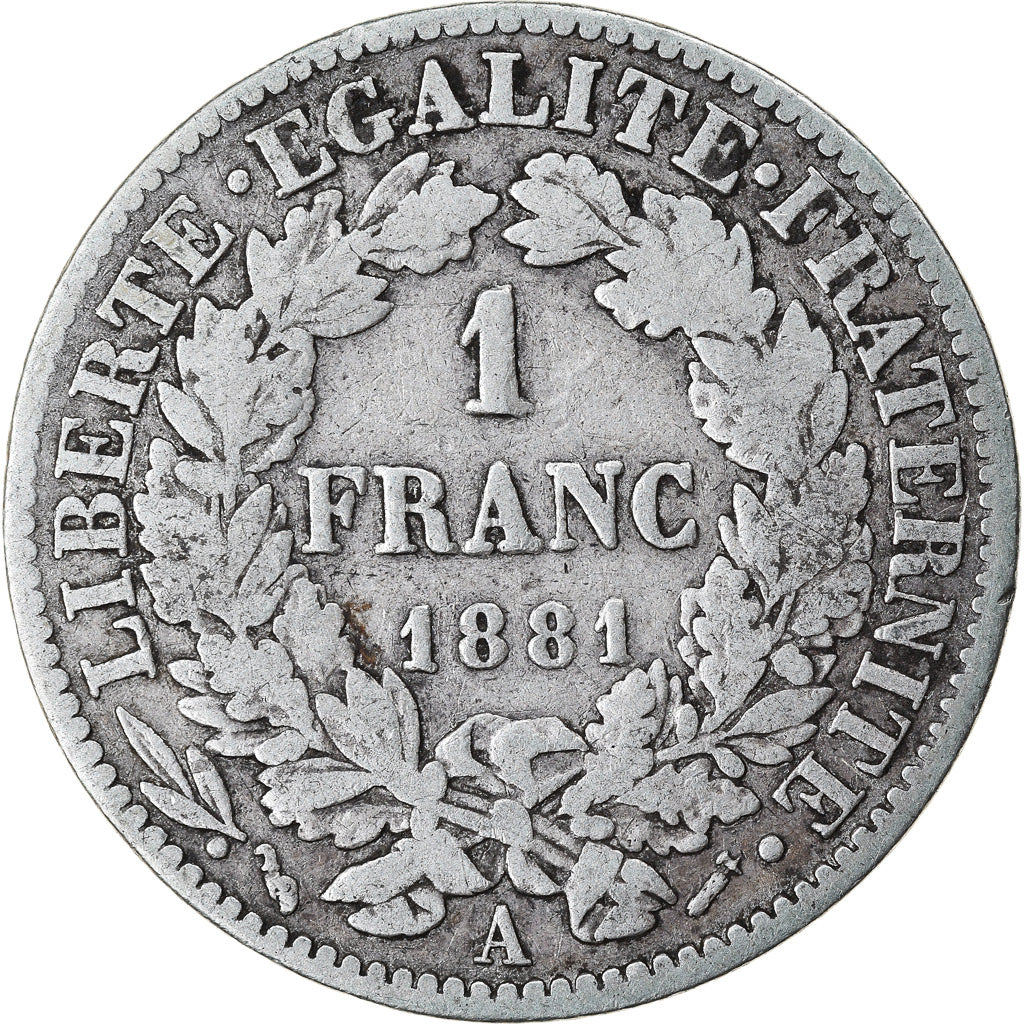 Coin, France, Cérès, Franc, 1881, Paris, VF(20-25), Silver, KM:822.1