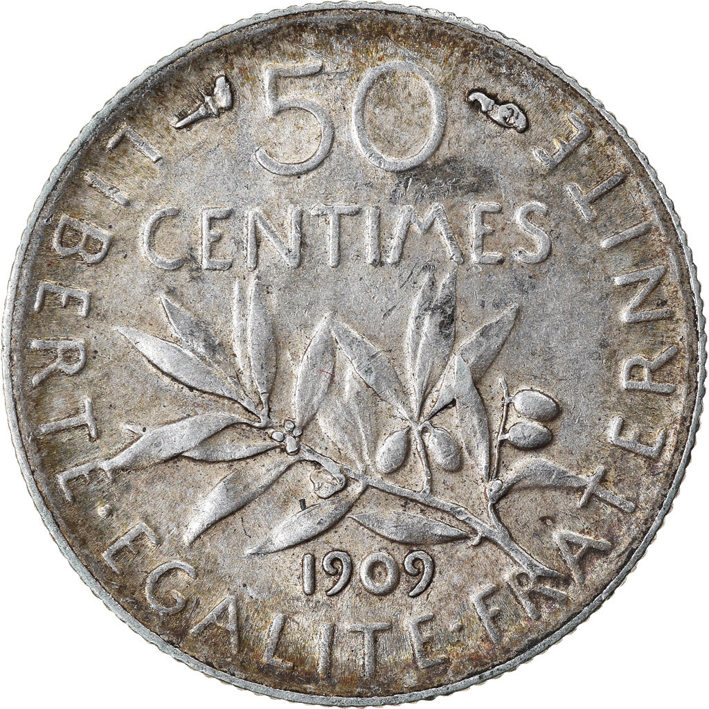 Moneta, Francja, Semeuse, 50 Centimes, 1909, Paris, EF(40-45), Srebro, KM:854