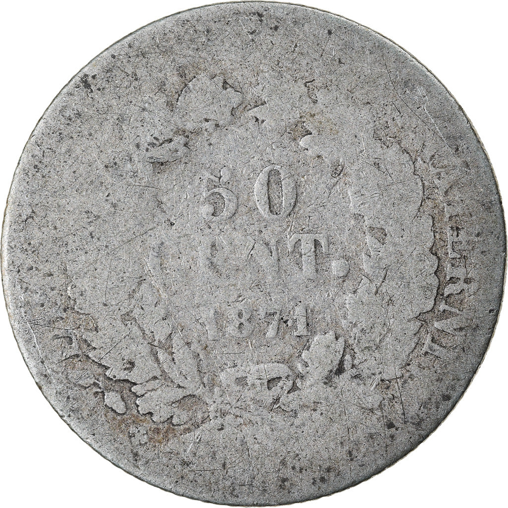 Moeda, França, Cérès, 50 Centimes, 1871, Bordeaux, VG(8-10), Prata, KM:834.2