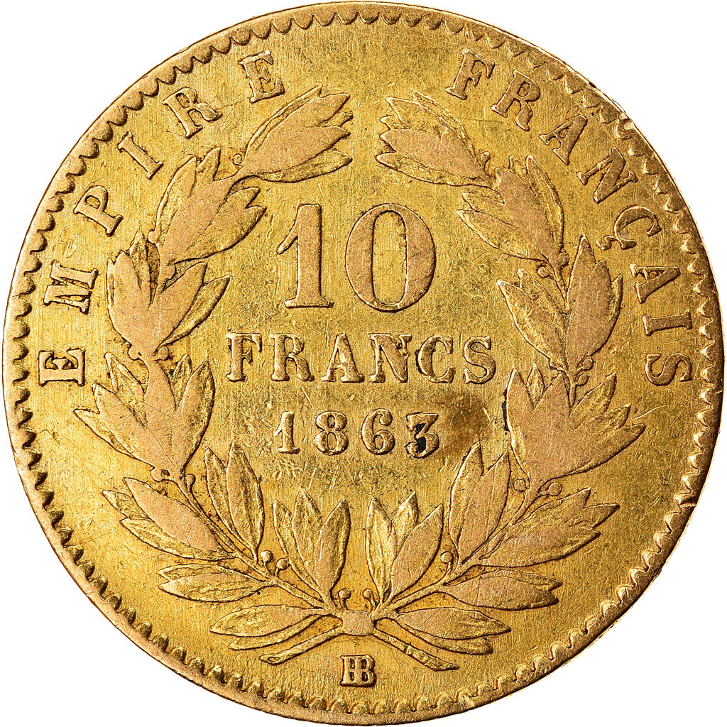 Moneda, Francia, Napoleon III, Napoléon III, 10 Francs, 1863, Strasbourg, MBC