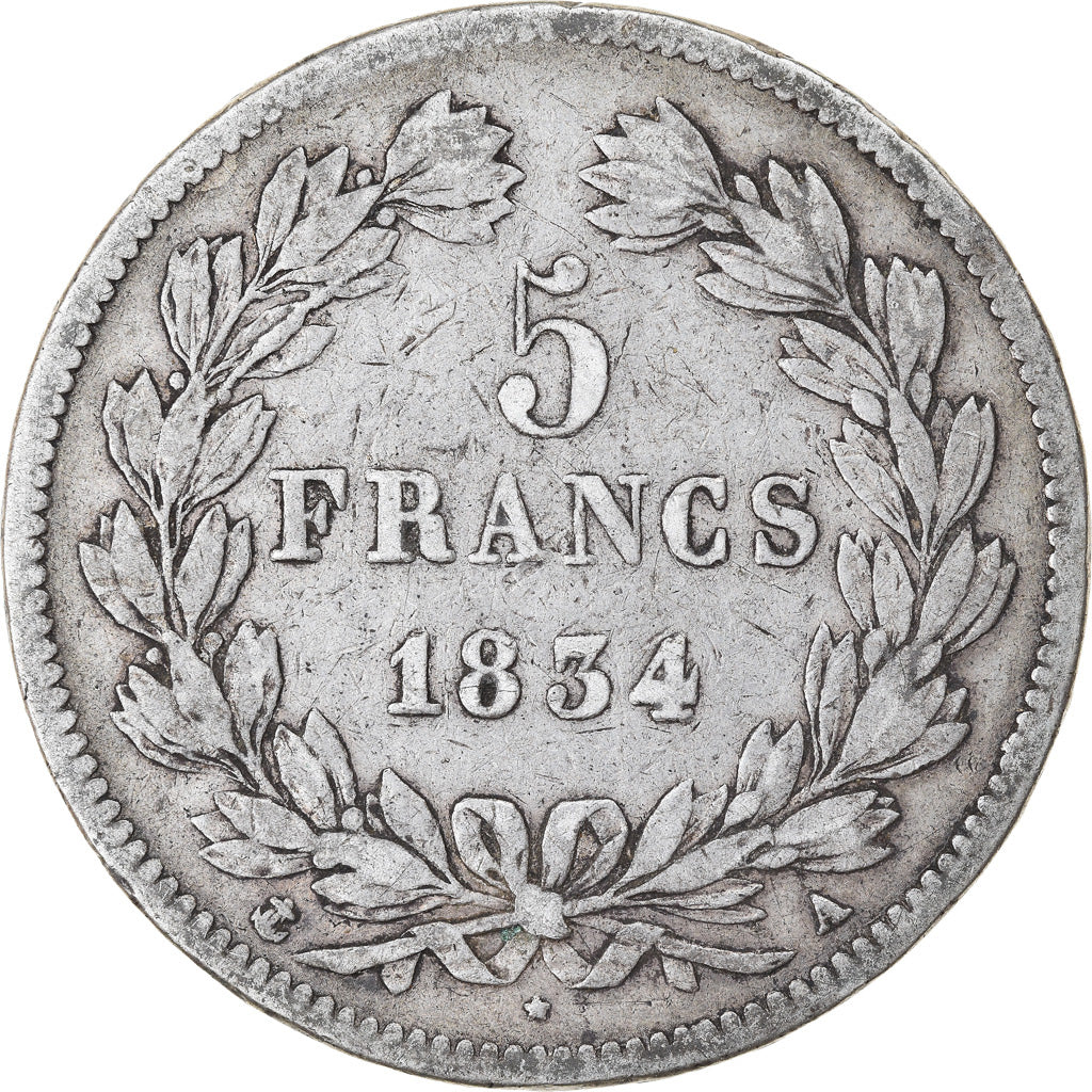 Moneta, Francia, Louis-Philippe, 5 Francs, 1834, Paris, MB, Argento, KM:749.1