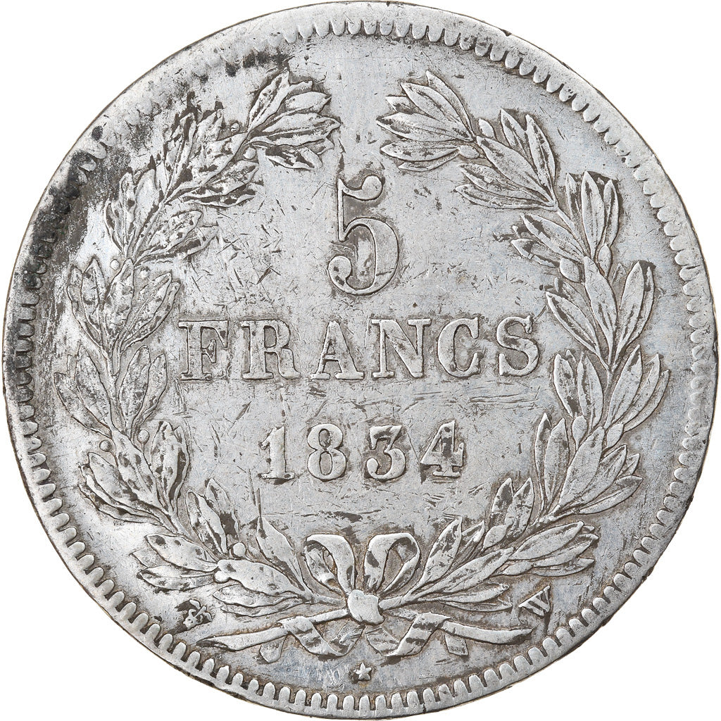 Moneta, Francia, Louis-Philippe, 5 Francs, 1834, Lille, MB+, Argento, KM:749.13