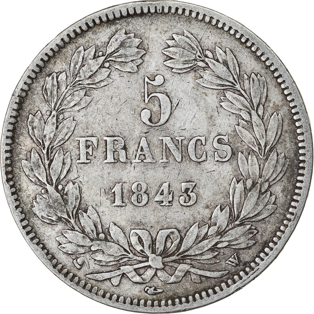 Moneda, Francia, Louis-Philippe, 5 Francs, 1843, Lille, BC+, Plata, KM:749.13