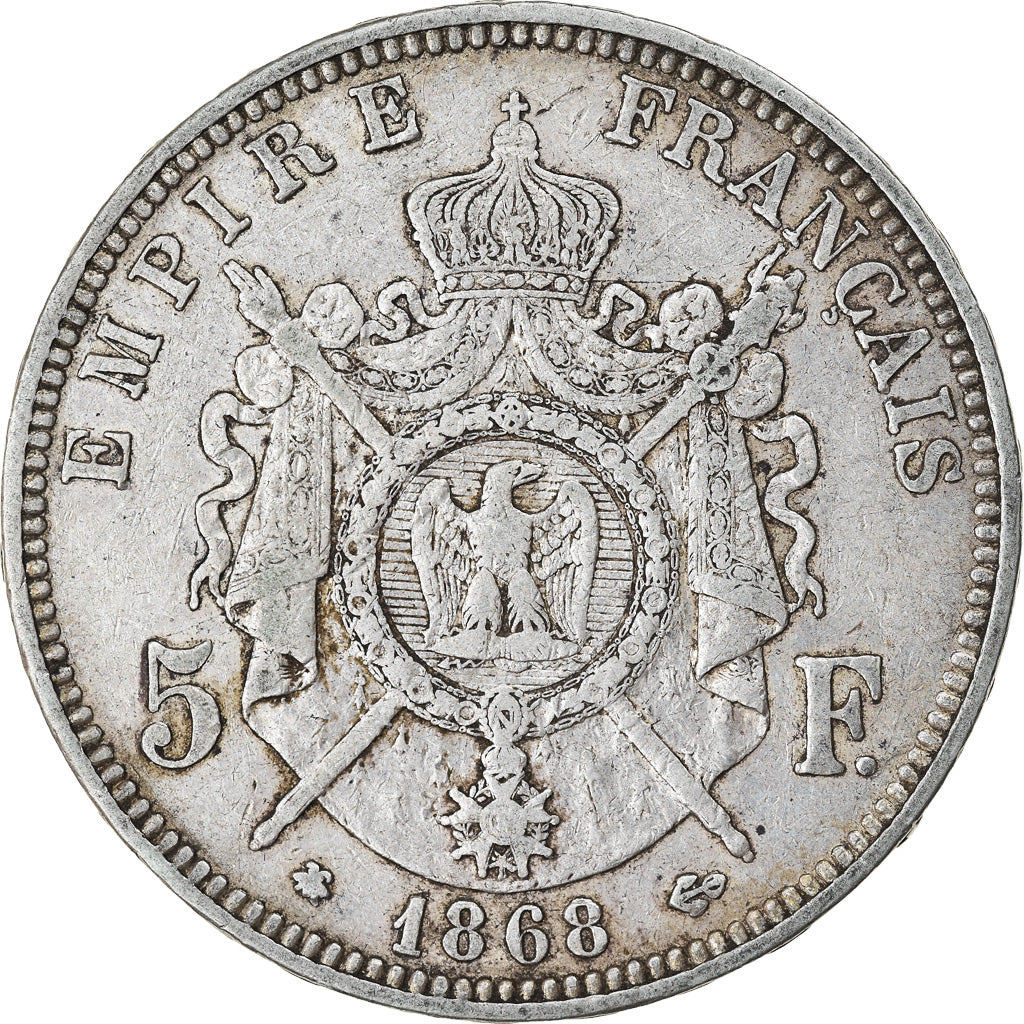 Moneda, Francia, Napoleon III, Napoléon III, 5 Francs, 1868, Paris, MBC, Plata