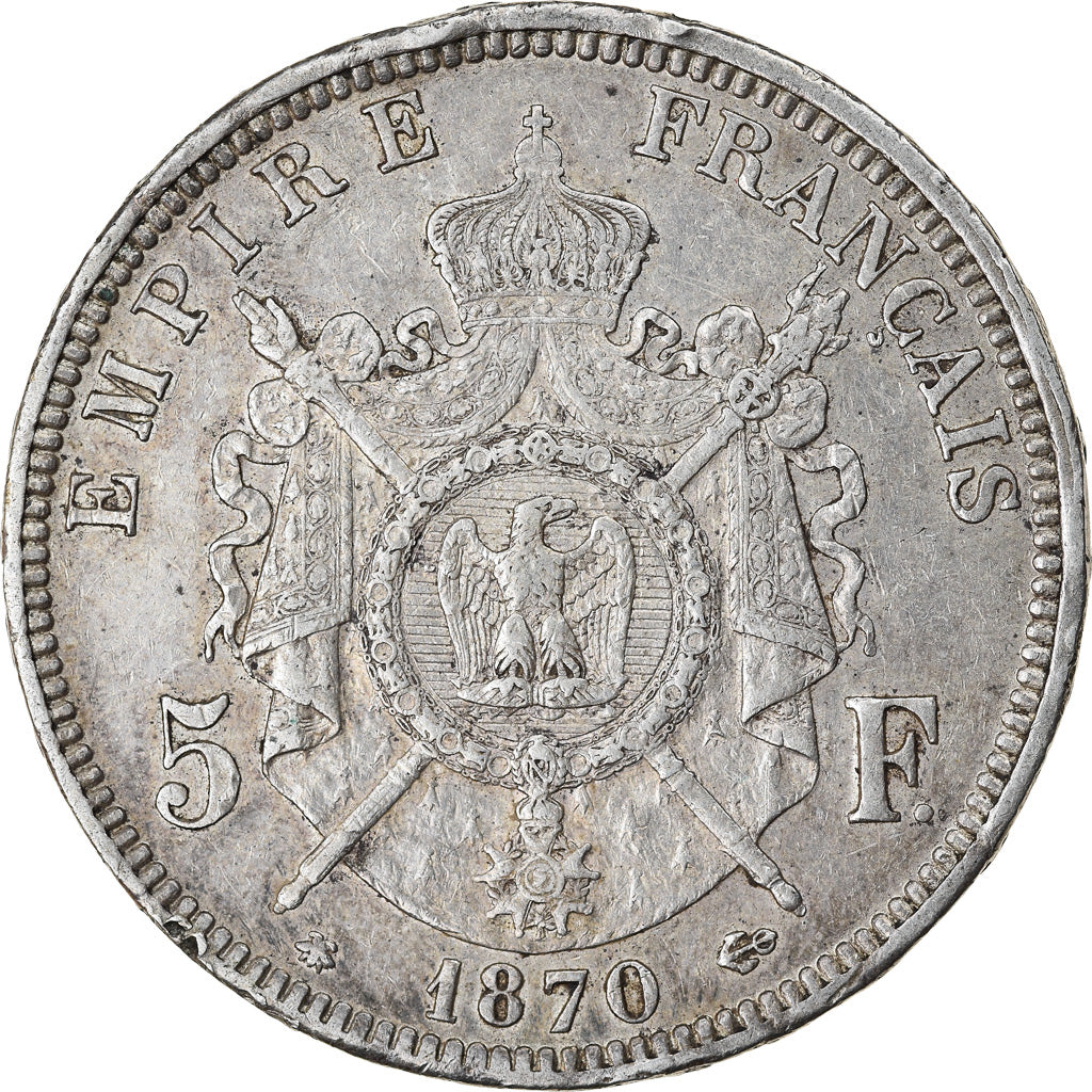Moneda, Francia, Napoleon III, Napoléon III, 5 Francs, 1870, Paris, MBC, Plata