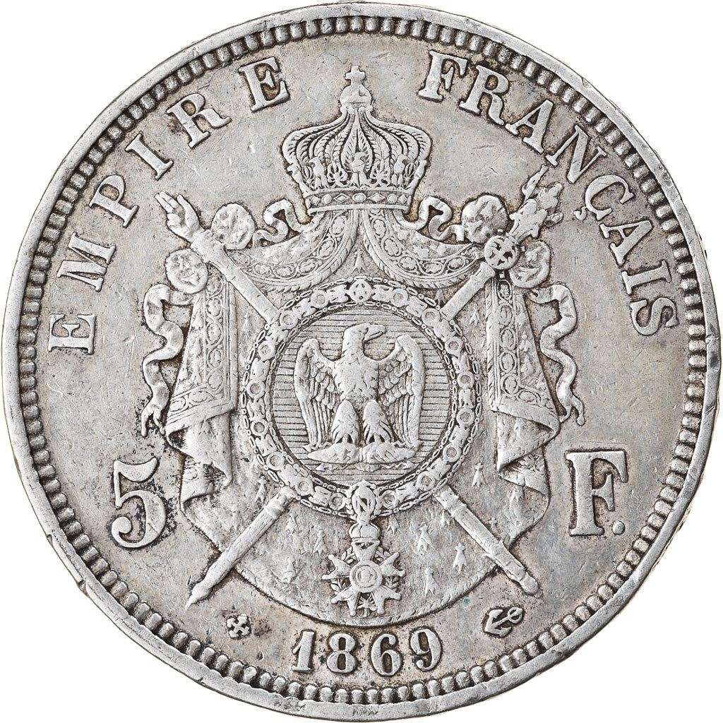 Moneta, Francia, Napoléon III, 5 Francs, 1869, Strasbourg, BB, Argento