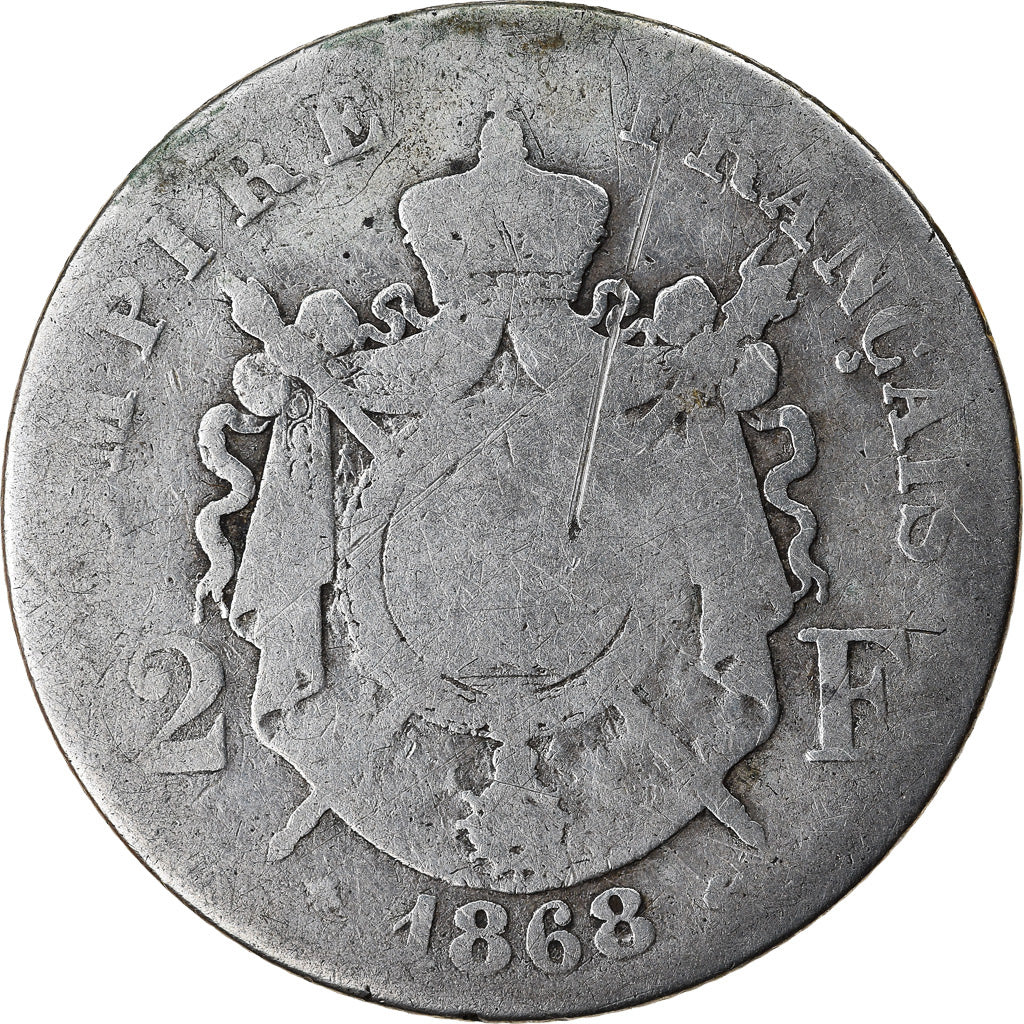 Moneda, Francia, Napoleon III, Napoléon III, 2 Francs, 1868, Paris, BC+, Plata