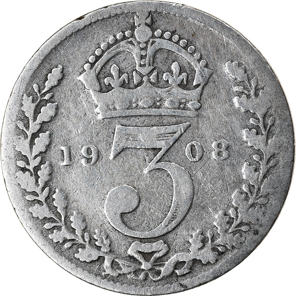 Coin, Great Britain, Edward VII, 3 Pence, 1908, VF(30-35), Silver, KM:797.2