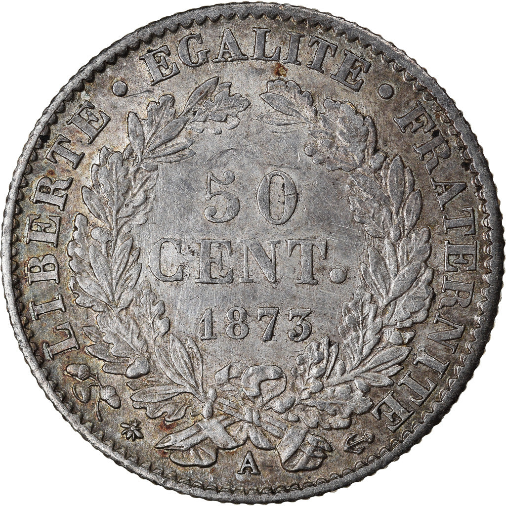 Moeda, França, Cérès, 50 Centimes, 1873, Paris, AU(55-58), Prata, KM:834.1