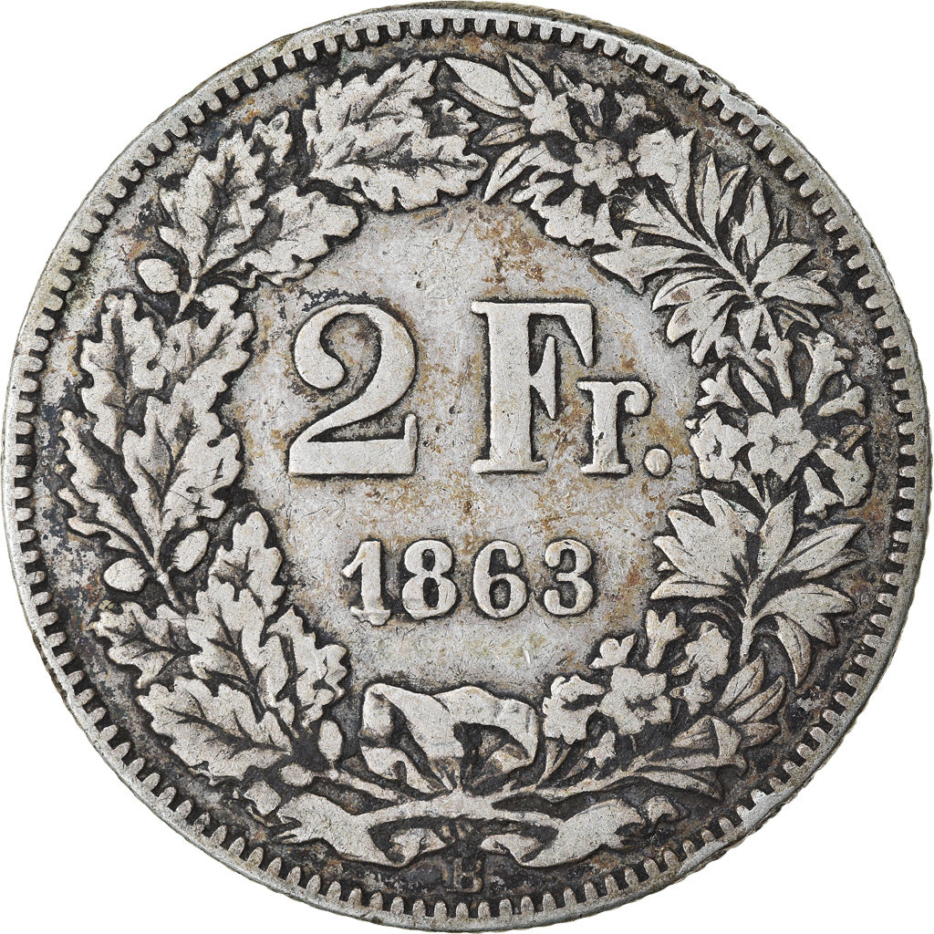 Coin, Switzerland, 2 Francs, 1863, Bern, VF(20-25), Silver, KM:10a