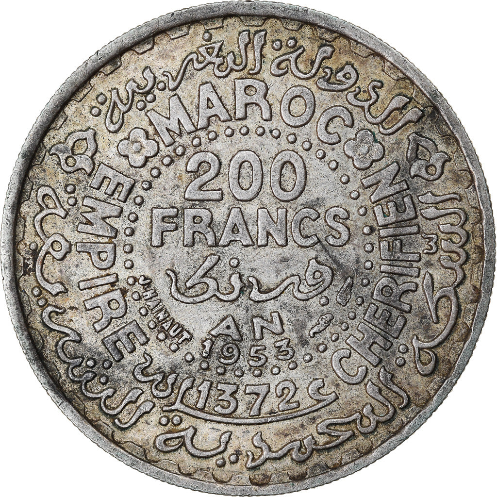 Coin, Morocco, Mohammed V, 200 Francs, 1953, Paris, EF(40-45), Silver, KM:53