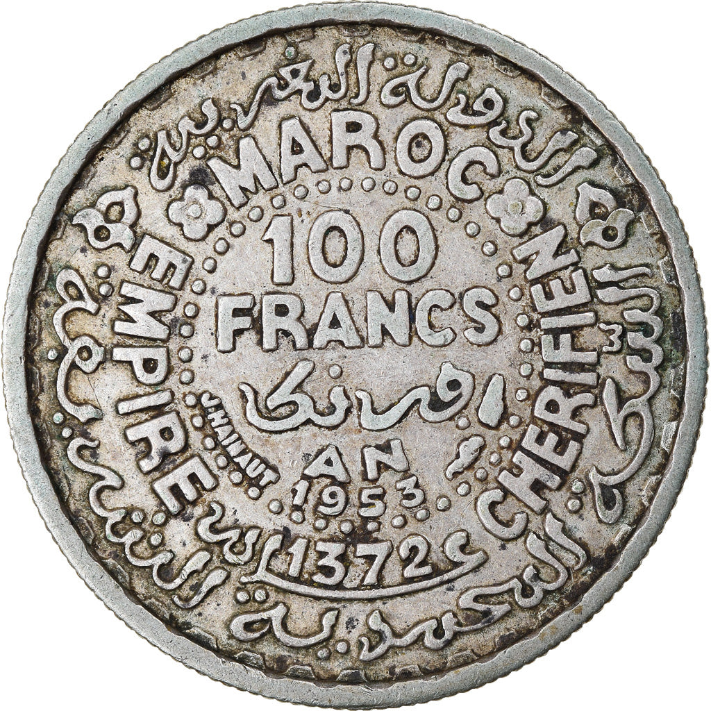 Coin, Morocco, Mohammed V, 100 Francs, 1953, Paris, EF(40-45), Silver, KM:52