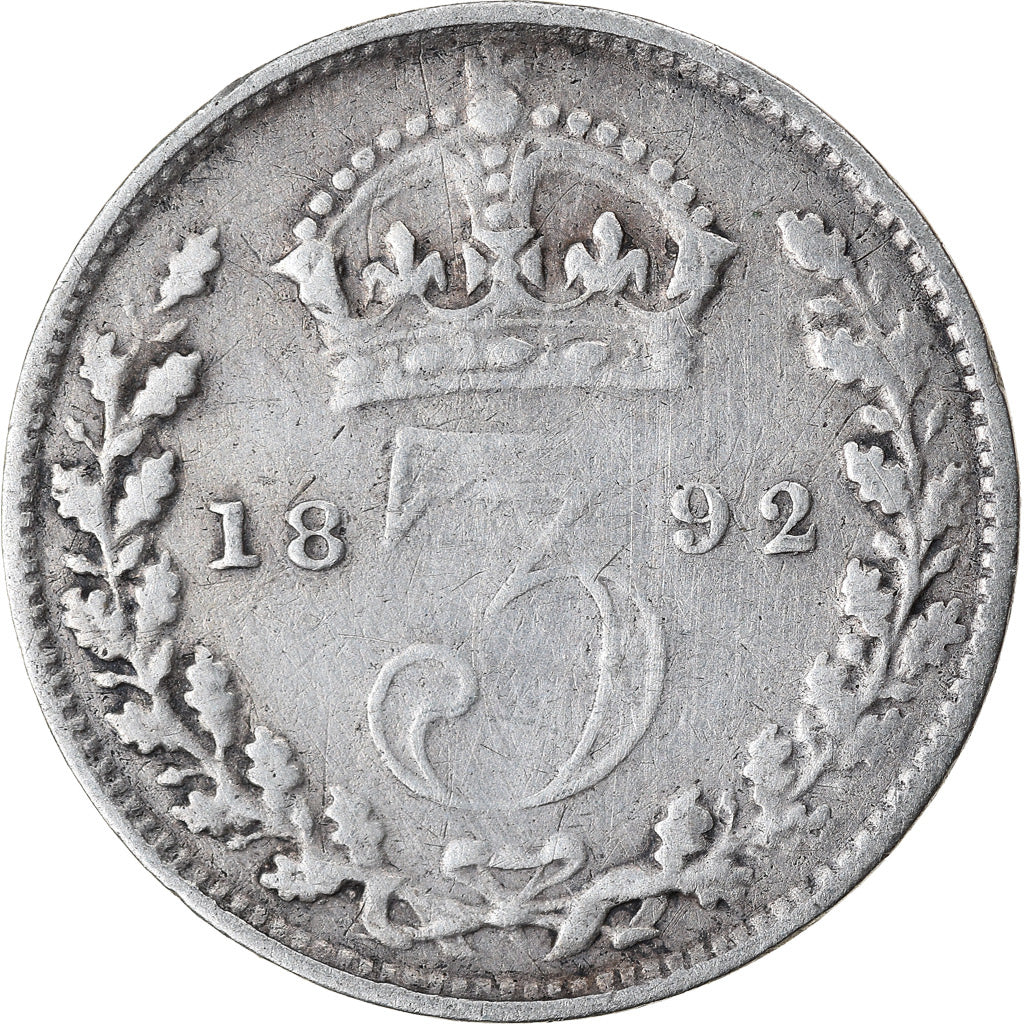Coin, Great Britain, Victoria, 3 Pence, 1892, VF(30-35), Silver, KM:758