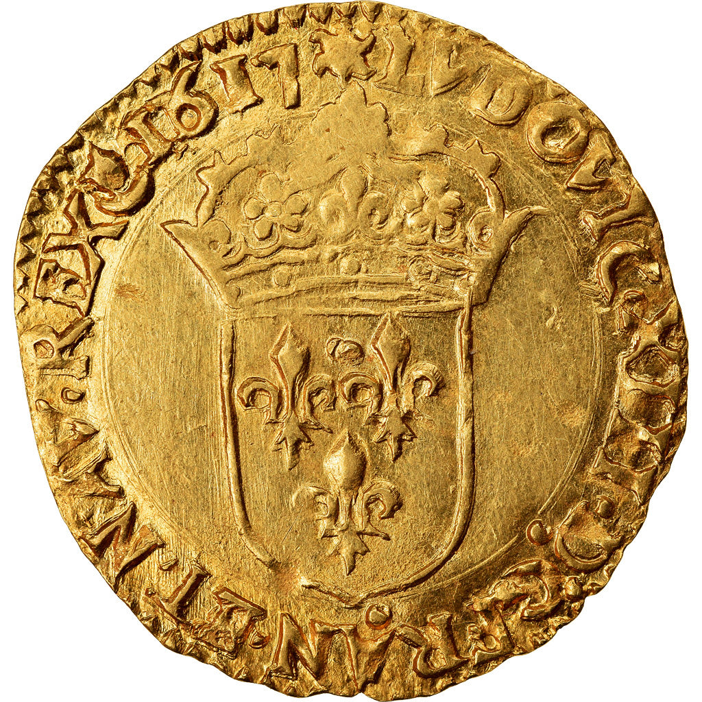 Moeda, França, Louis XIII, Ecu d'or au soleil, Ecu d'or, 1617, Nantes