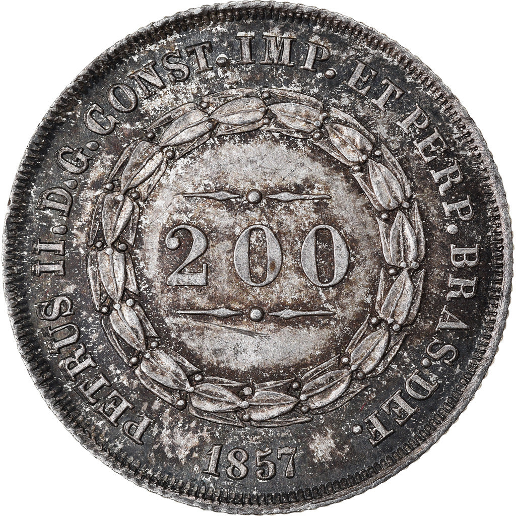Coin, Brazil, Pedro II, 200 Reis, 1857, MS(60-62), Silver, KM:469