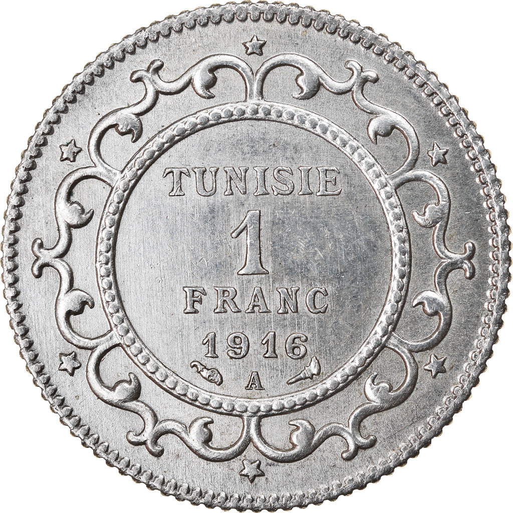 Coin, Tunisia, Muhammad al-Nasir Bey, Franc, 1916, Paris, MS(60-62), Silver