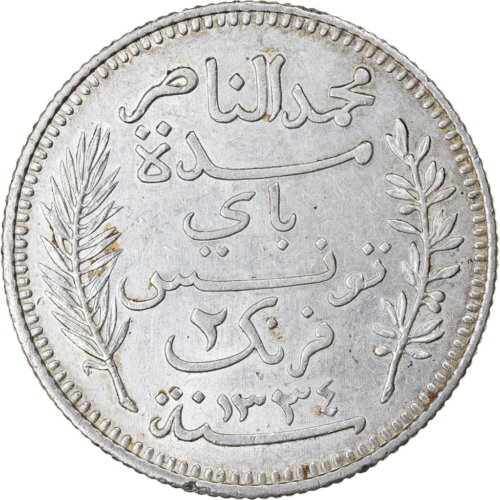 Moneta, Tunisia, Muhammad al-Nasir Bey, 2 Francs, 1916, Paris, BB+, Argento
