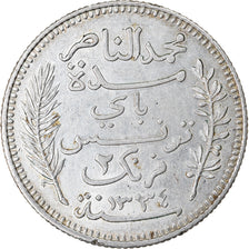 Moneta, Tunisia, Muhammad al-Nasir Bey, 2 Francs, 1916, Paris, BB+, Argento