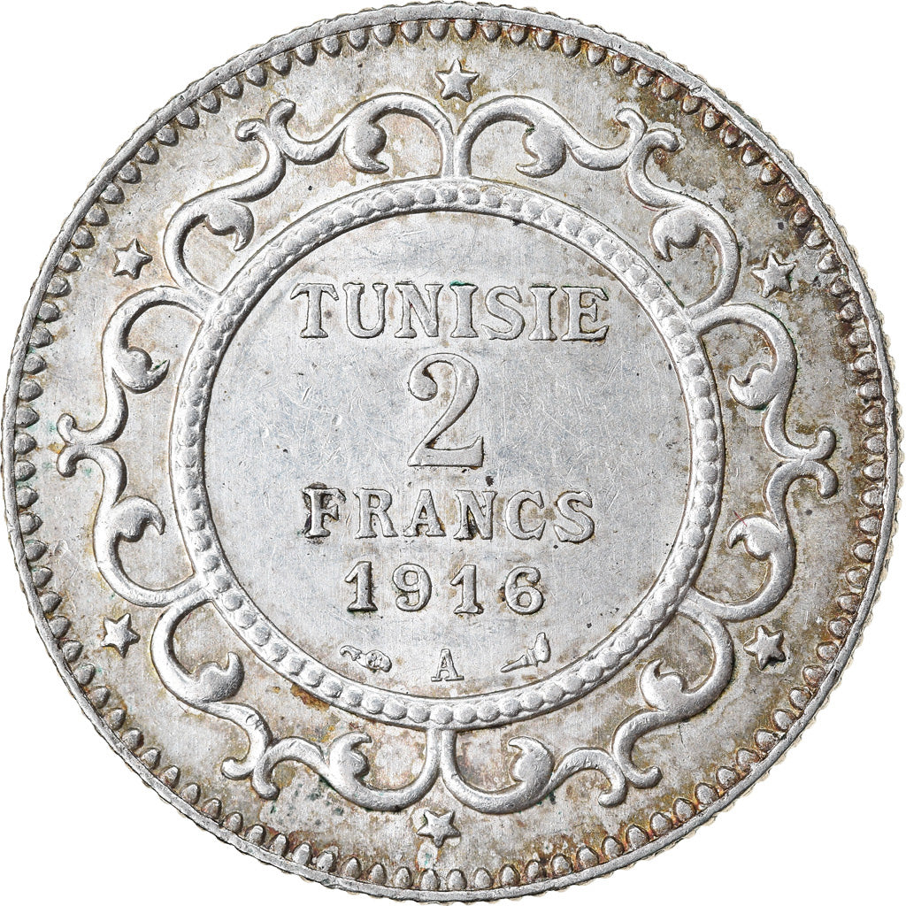 Moneta, Tunisia, Muhammad al-Nasir Bey, 2 Francs, 1916, Paris, BB+, Argento