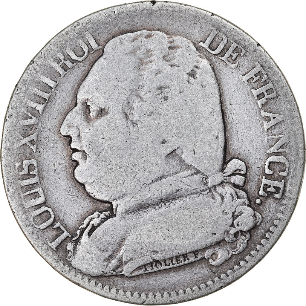 Moneda, Francia, Louis XVIII, Louis XVIII, 5 Francs, 1814, Lyon, BC+, Plata