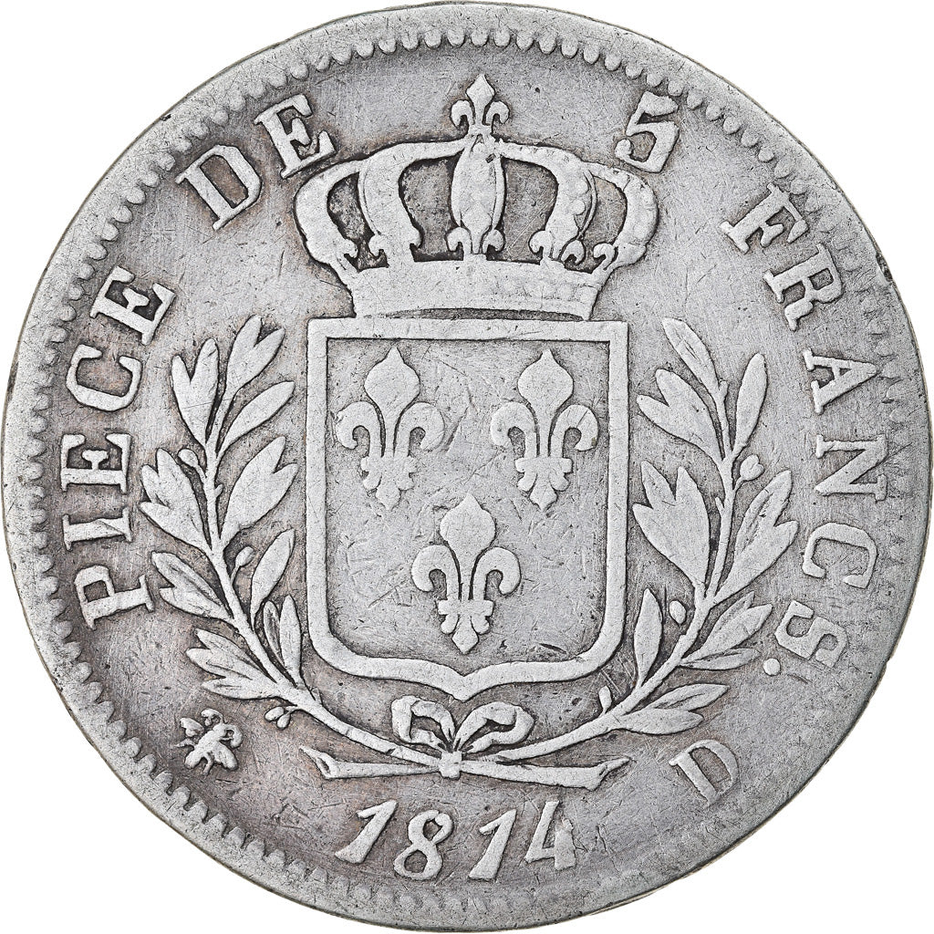 Moneda, Francia, Louis XVIII, Louis XVIII, 5 Francs, 1814, Lyon, BC+, Plata