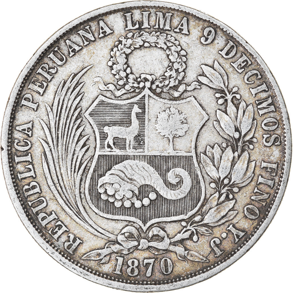 Moneda, Perú, SOUTH PERU, Sol, 1870, Lima, MBC, Plata, KM:196.3