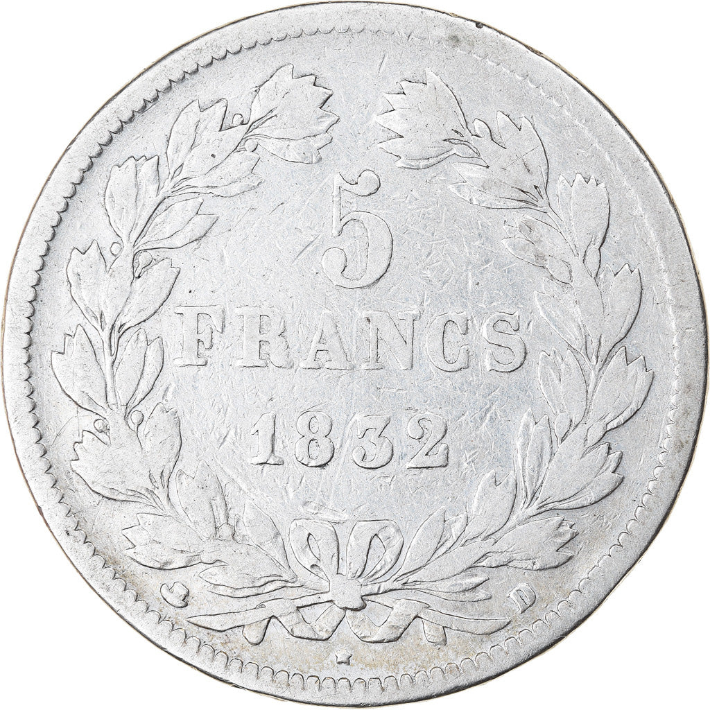 Coin, France, Louis-Philippe, 5 Francs, 1832, Lyon, VF(20-25), Silver, KM:749.4