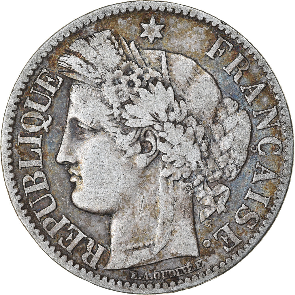 Moeda, França, Cérès, 2 Francs, 1871, Bordeaux, EF(40-45), Prata, KM:817.2