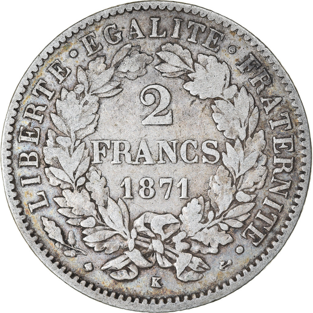 Moeda, França, Cérès, 2 Francs, 1871, Bordeaux, EF(40-45), Prata, KM:817.2