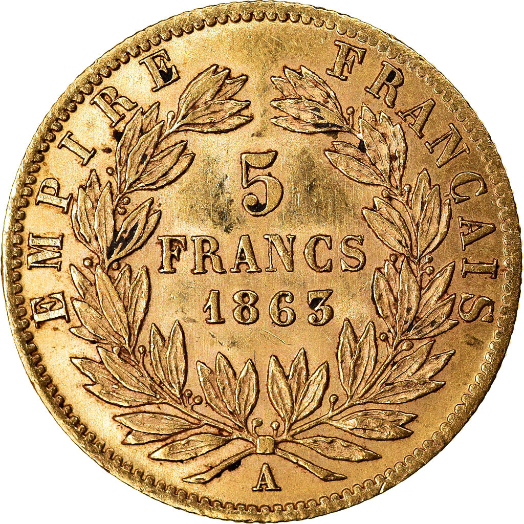 Moneda, Francia, Napoleon III, Napoléon III, 5 Francs, 1865, Paris, MBC+, Oro