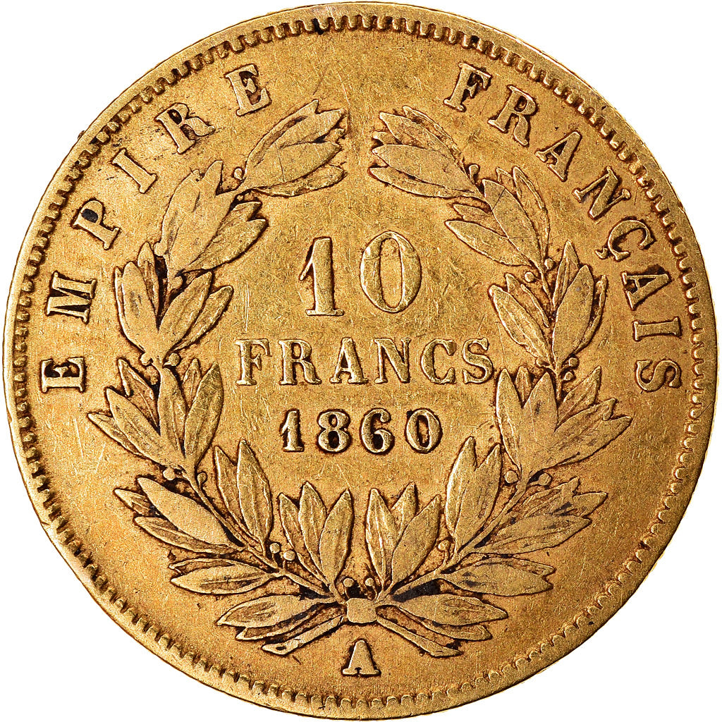 Moneda, Francia, Napoleon III, Napoléon III, 10 Francs, 1860, Paris, BC+, Oro