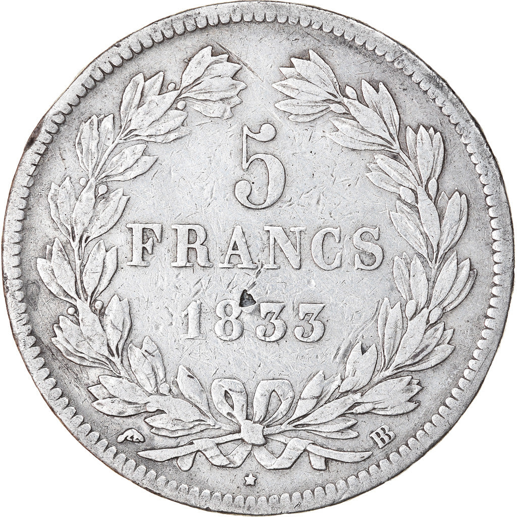 Münze, Frankreich, Louis-Philippe, 5 Francs, 1833, Strasbourg, S+, Silber