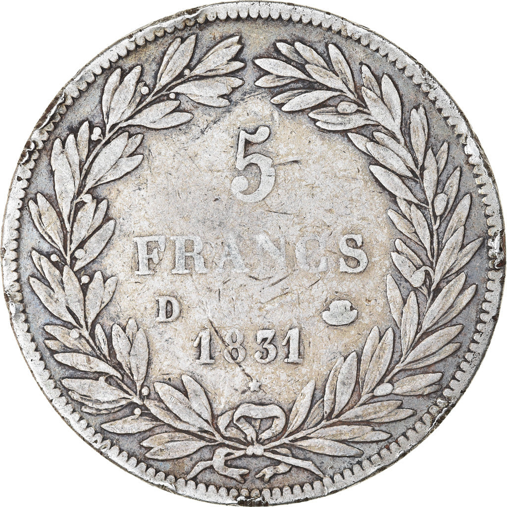 Coin, France, Louis-Philippe, 5 Francs, 1831, Lyon, VF(30-35), Silver, KM:735.4