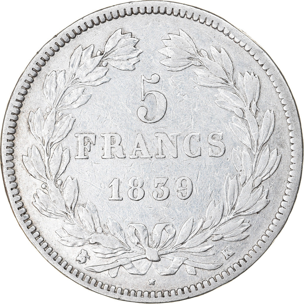 Münze, Frankreich, Louis-Philippe, 5 Francs, 1839, Bordeaux, S+, Silber