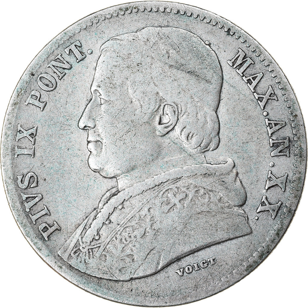 Munten, Italiaanse staten, PAPAL STATES, Pius IX, 20 Baiocchi, 1865, Roma, FR