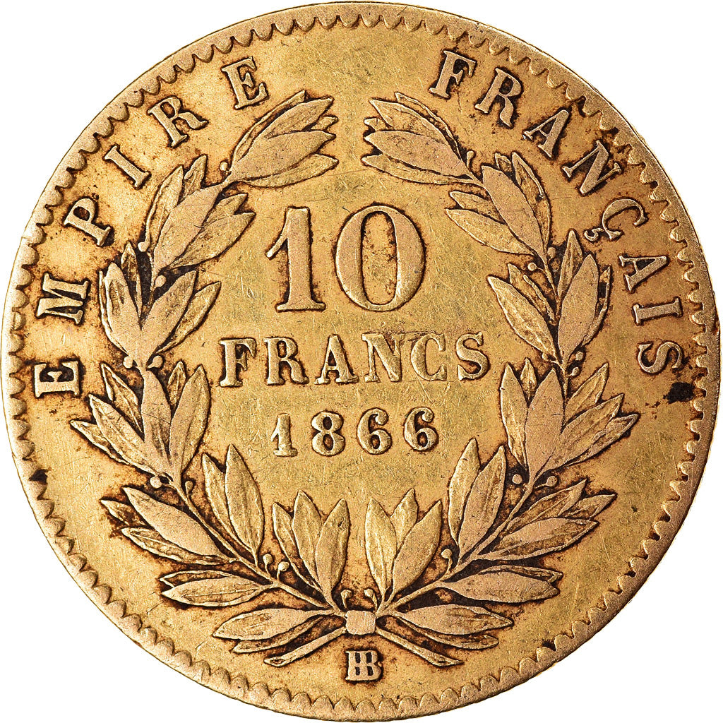 Moneta, Francia, Napoleon III, Napoléon III, 10 Francs, 1866, Strasbourg, BB