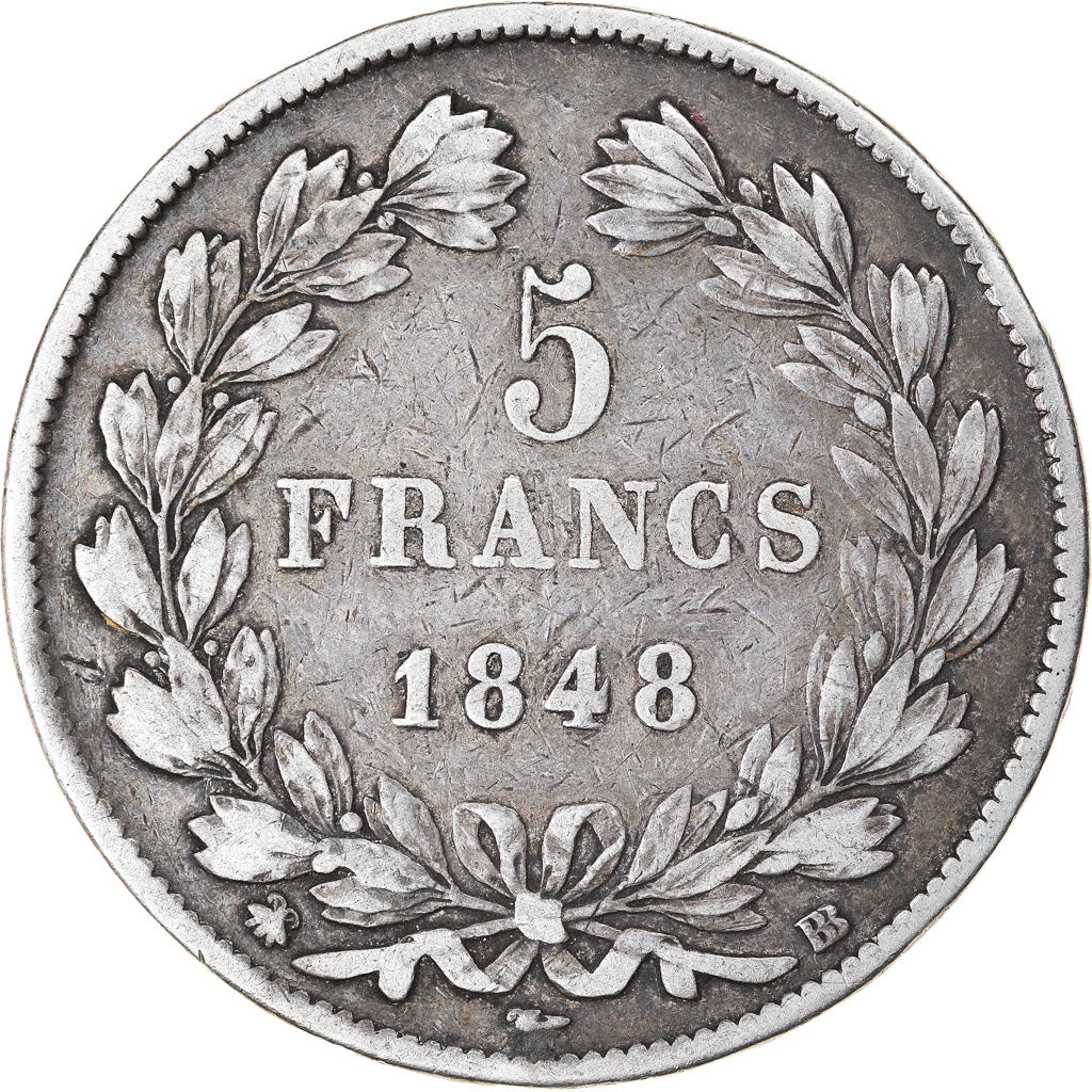 Münze, Frankreich, Louis-Philippe, 5 Francs, 1848, Strasbourg, S+, Silber