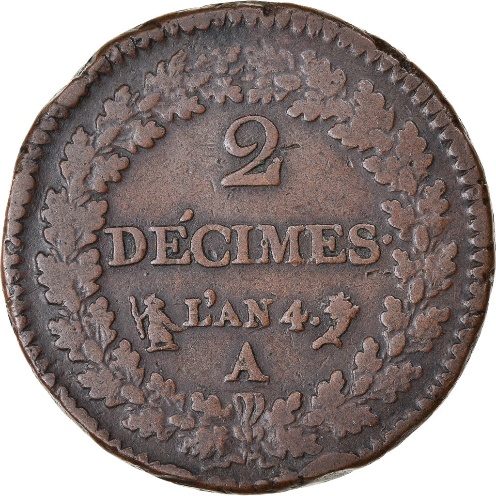Moneta, Francia, Dupré, 2 Décimes, AN 4, Paris, MB+, Bronzo, KM:638.1