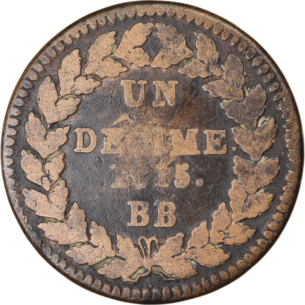 Moneta, Francia, Louis XVIII, Decime, 1815, Strasbourg, MB, Bronzo, KM:701