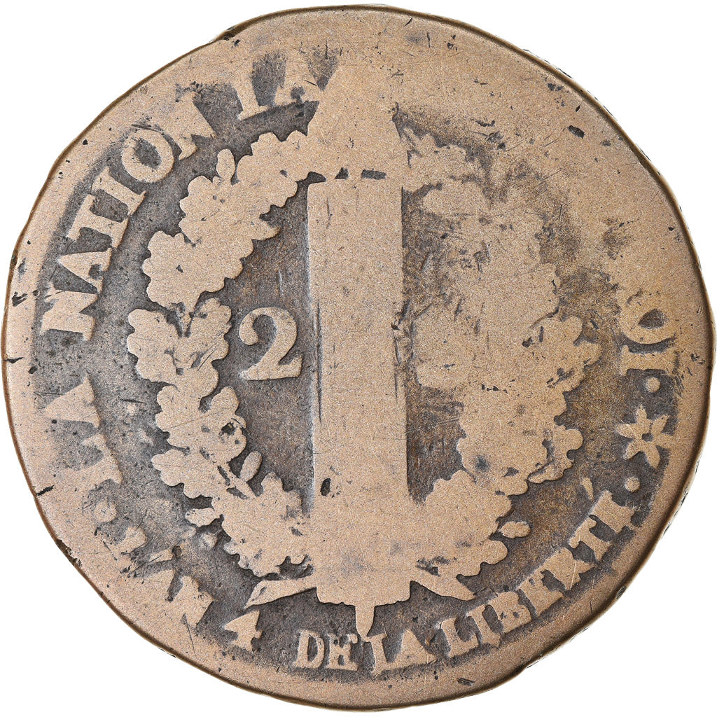 Moneta, Francia, 2 sols français, 2 Sols, 1792, Strasbourg, B+, Bronzo, KM:612