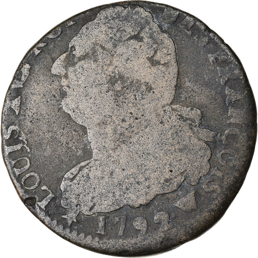Moeda, França, 2 sols françois, 2 Sols, 1792, Lille, F(12-15), Bronze
