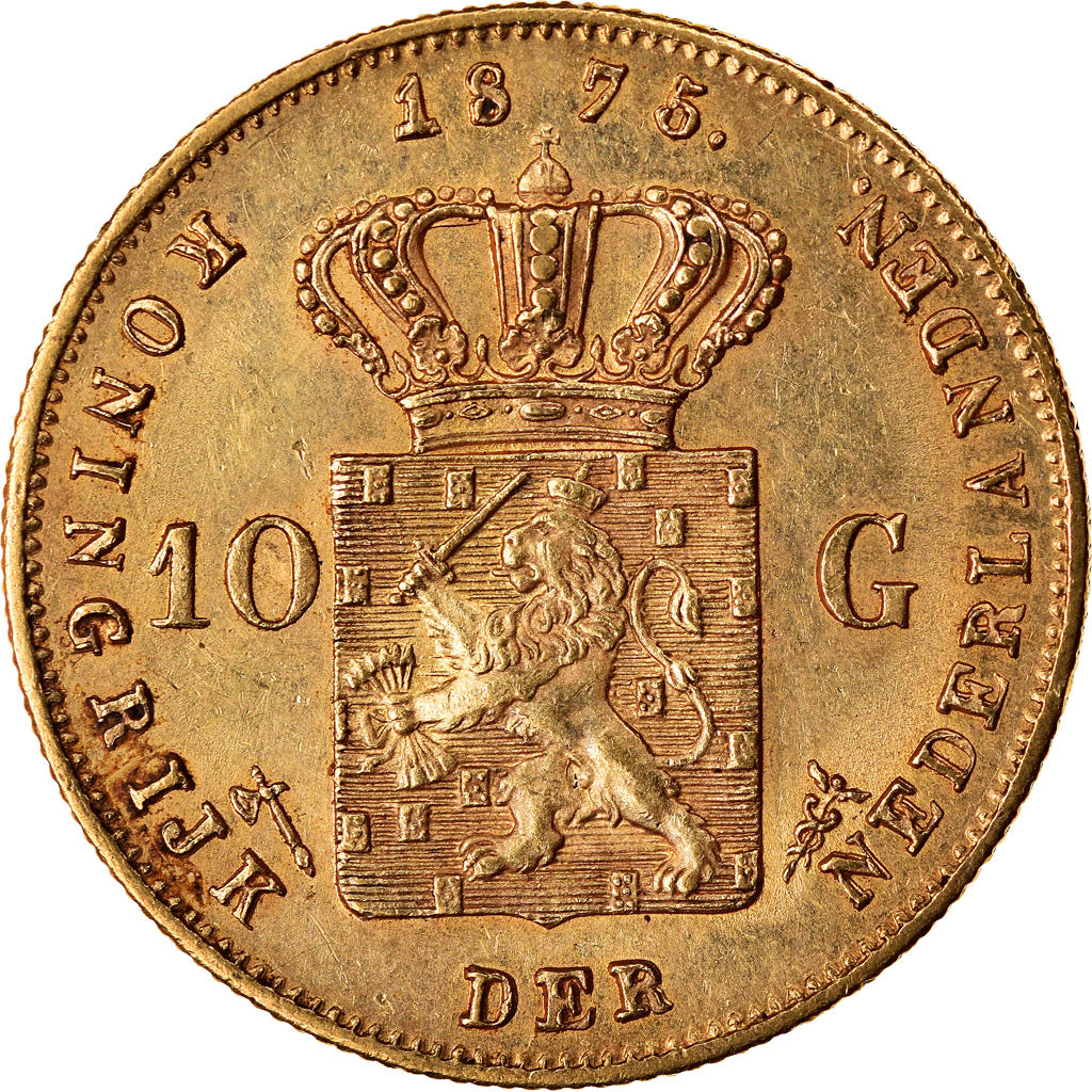 Coin, Netherlands, William III, 10 Gulden, 1875, AU(55-58), Gold, KM:105